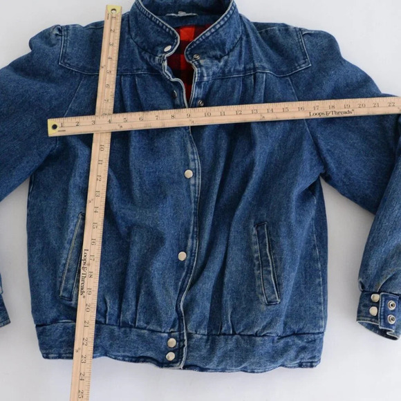 Vintage Denim Trucker Jacket Red Black Checker Flannel Lined Button Up Jacket L - Picture 4 of 13